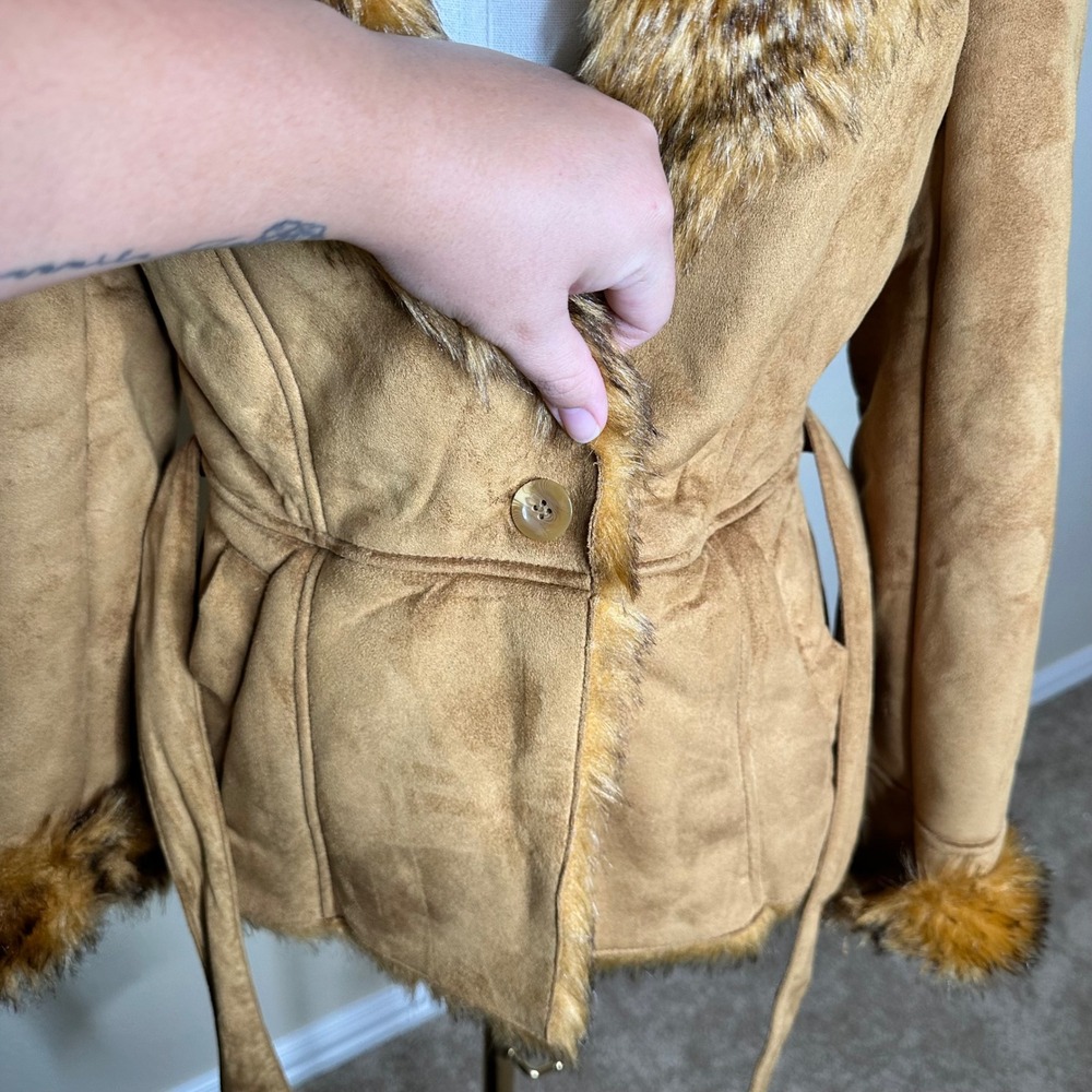 Route 66 Tan Faux Suede Shearling Penny Lane Coat Faux Fur Trim Medium - Picture 4 of 8